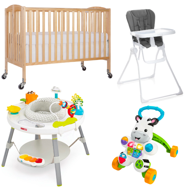 A variety of baby items are arranged in a collage.