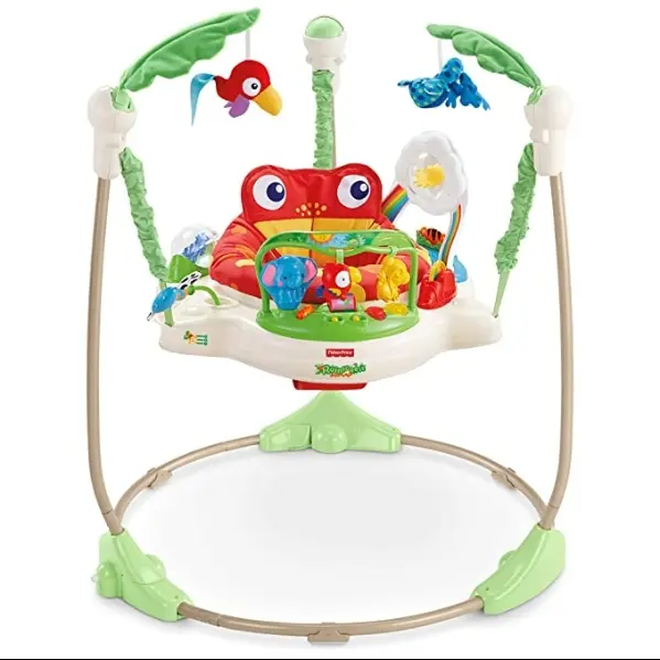 A baby bouncer with many toys on it