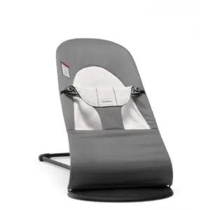 A baby bouncer that is grey and has an oval shaped seat.