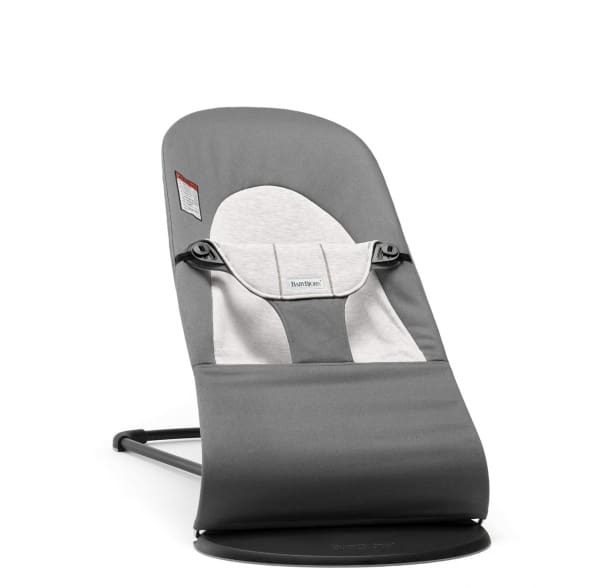 A baby bouncer that is grey and has an oval shaped seat.