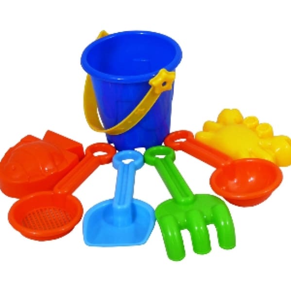 A blue bucket and some plastic toys