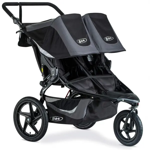 A black and gray double stroller with two seats.