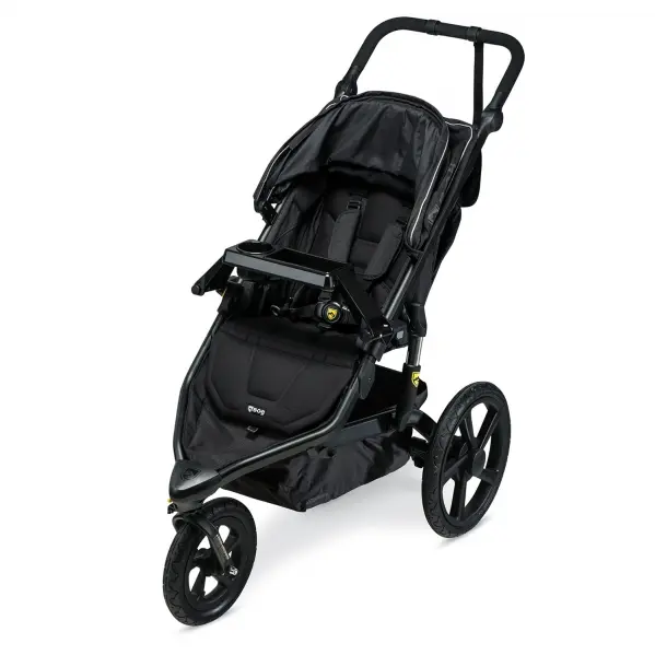 A black stroller with a seat and wheels.