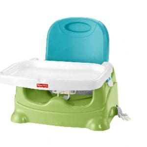 A green and blue booster seat with the lid up.