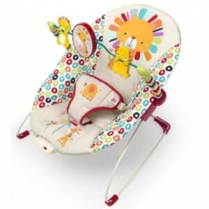 A baby bouncer with a sun and flowers design.