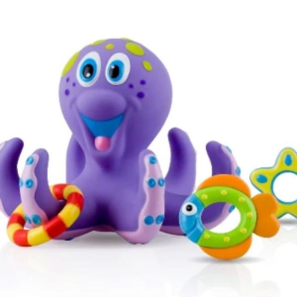 A purple octopus toy with other toys around it.