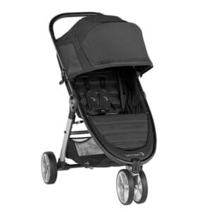 A black stroller with wheels and a canopy.