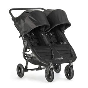 A black double stroller with two seats.