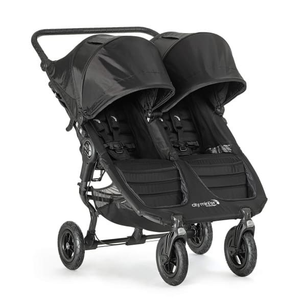 A black double stroller with two seats.