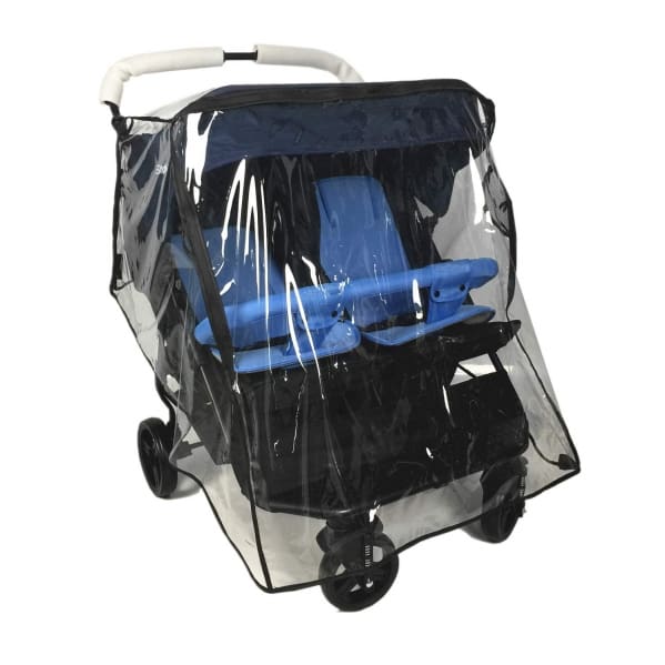 A stroller with two seats and a rain cover.