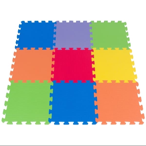 A colorful set of nine pieces of foam floor tiles.