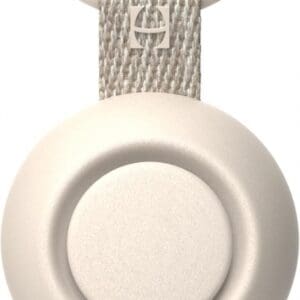 A white button with a strap around it