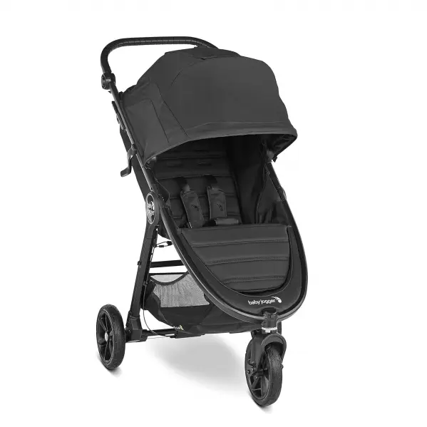 A black stroller with a canopy and wheels.