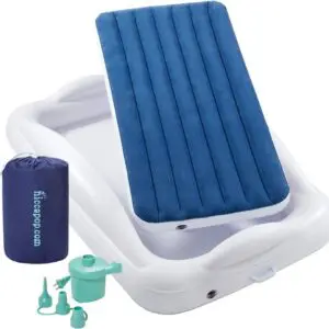 A white tray with blue mattress and pillow.