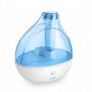 A blue and white humidifier on a white background