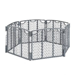 A large metal fence with many panels.