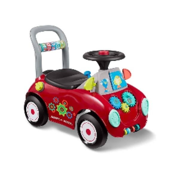 A red toy car with wheels and steering wheel.