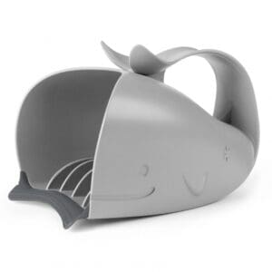 A gray whale shaped dish holder with two handles.