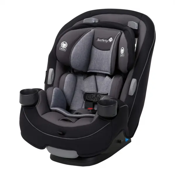 A black and gray car seat with the front facing child.