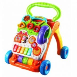 A baby walker with many different buttons and colors