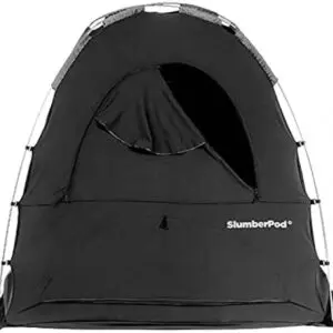 A black tent with a white stripe on it