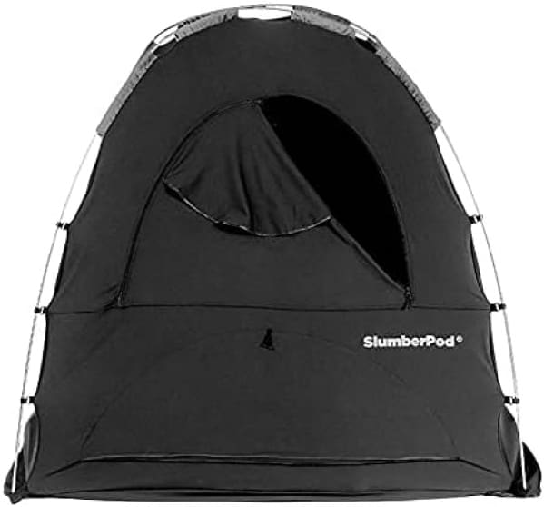 A black tent with a white stripe on it