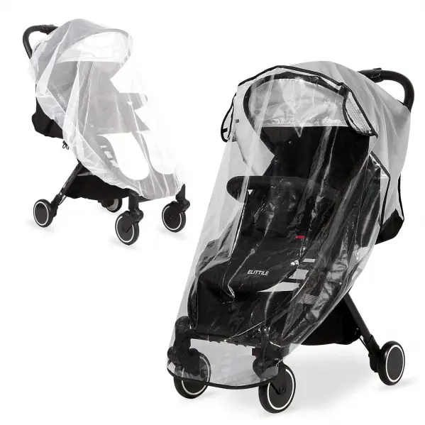 A stroller with a clear plastic cover on it.