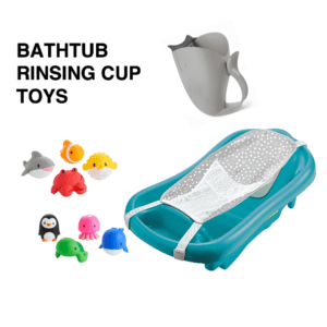 A bathtub with cups and other toys on it.