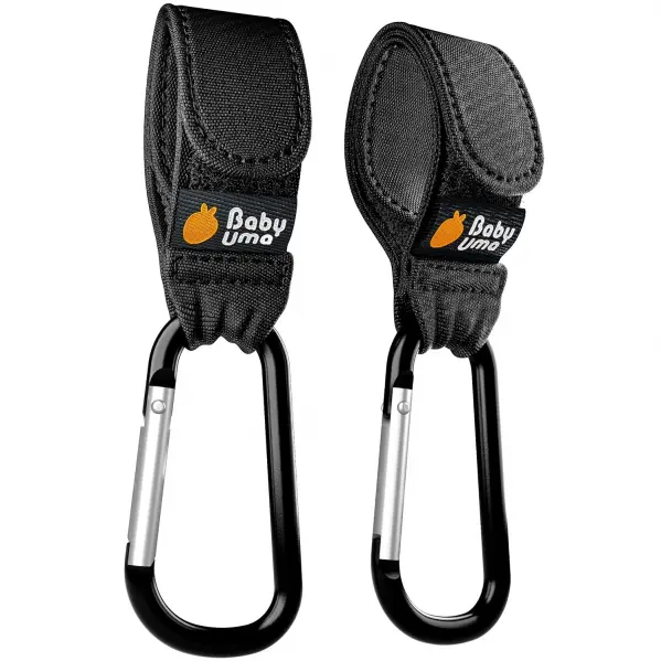 A pair of black safety straps with carabiner hooks.