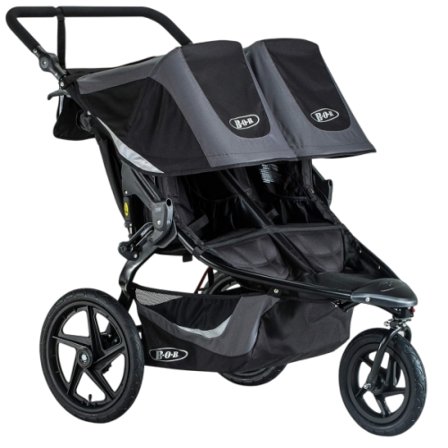 A black and gray stroller with two seats.